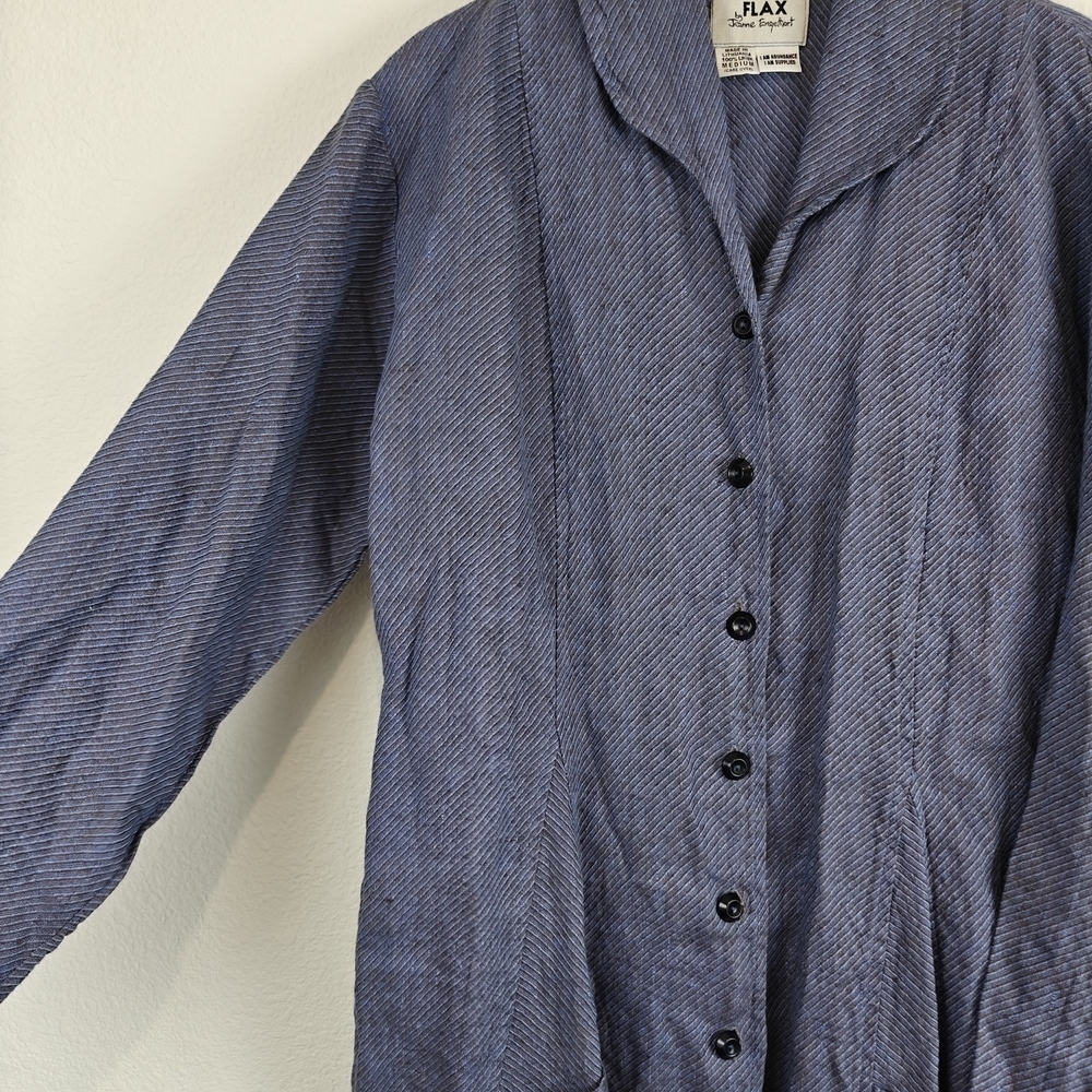 FLAX Jeanne Engelhart VTG 100% Linen Long Sleeve Jacket Pockets Blue Button M - Picture 5 of 13